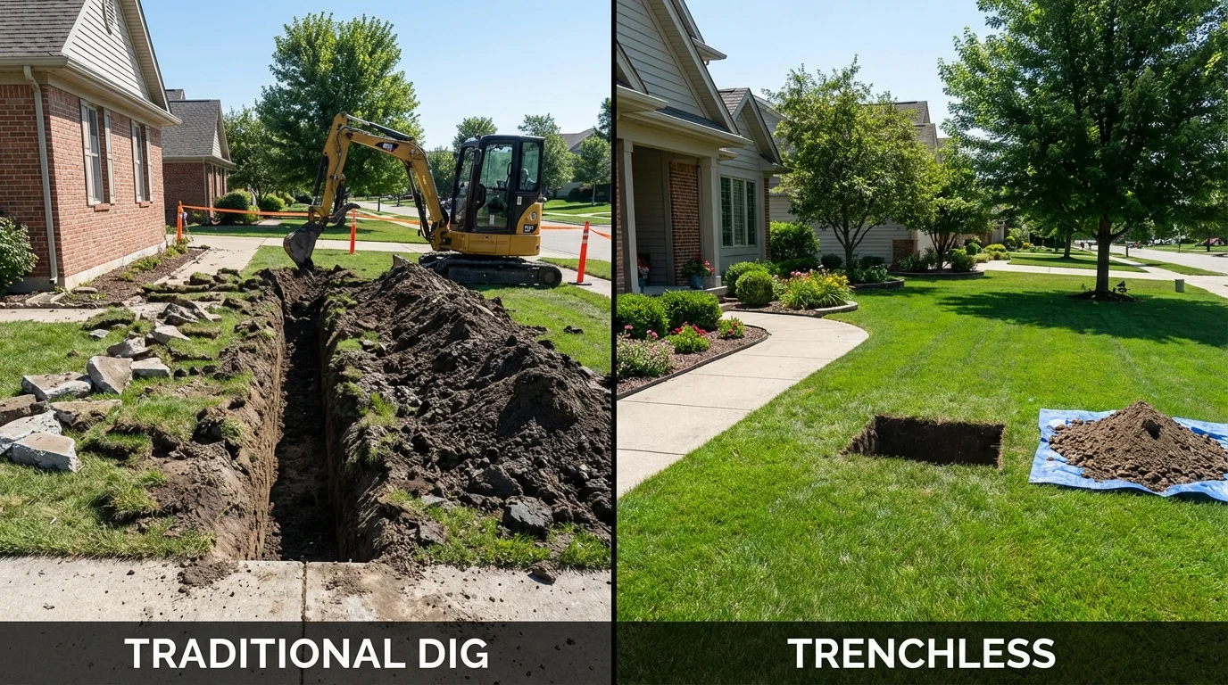 Trenchless sewer repair with minimal yard damage versus traditional excavation in Rochester, NH