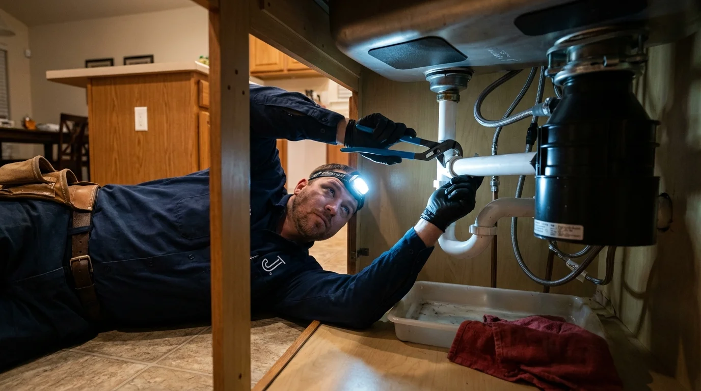 P-trap and supply line connections under a kitchen sink showing a common leak point in Rochester, NH
